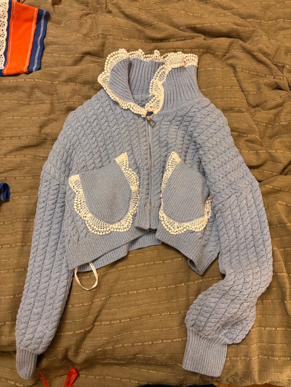 Cropped Lace-Trim Cable Knit Zip Sweater - Light Blue